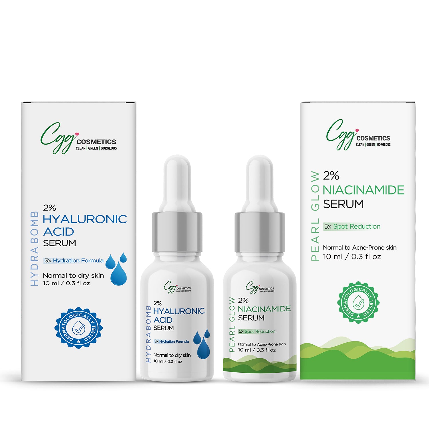 CGG Cosmetics Am/Pm Dehyrated-AcneCombo - 2% Hyaluronic Acid 10ml Serum + FREE 10ml  2% Niacinamide Face Serum for acne prone-dry skin