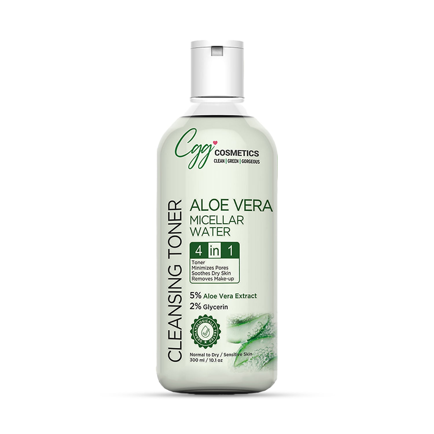 CGG Cosmetics Aloe Vera Micellar Water| 4 in 1 Toner, Removes Makeup, Minimizes Pores, Soothes Dry Skin - 300ml