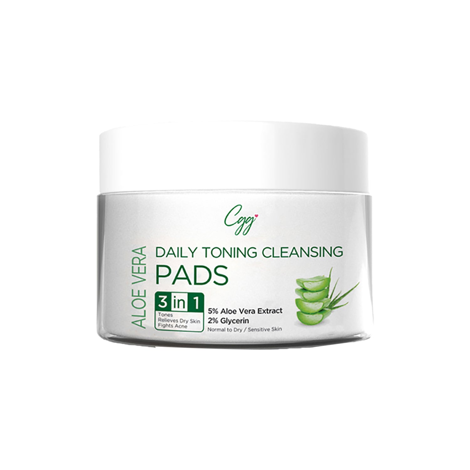 CGG Cosmetics Aloe Vera Daily Toning Cleansing Pads | 3-In-1 Tones, Relieves Dry Skin & Fights Acne - 50pads