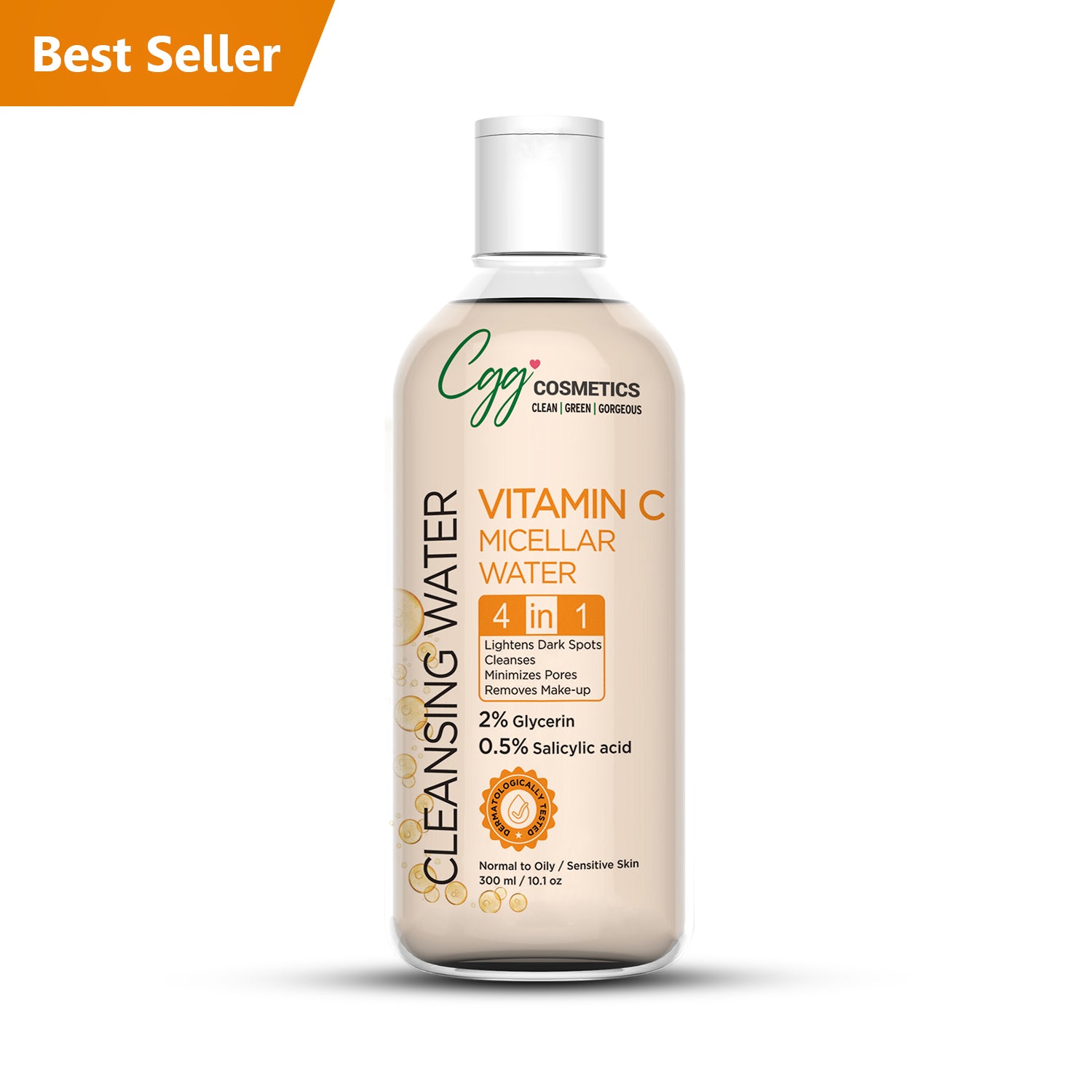 CGG Cosmetics Vitamin C Micellar Cleansing Water | 4 in 1 Lightens Dark Spots, Cleanses, Minimizes Pores & Removes Makeup - 300ml