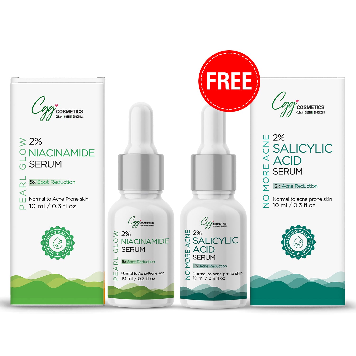 CGG Cosmetics Am/Pm Acne-Reduction Combo - 2% Niacinamide 10ml Serum + FREE 10ml 2% Salicylic Acid Face Serum for acne prone-spoted skin