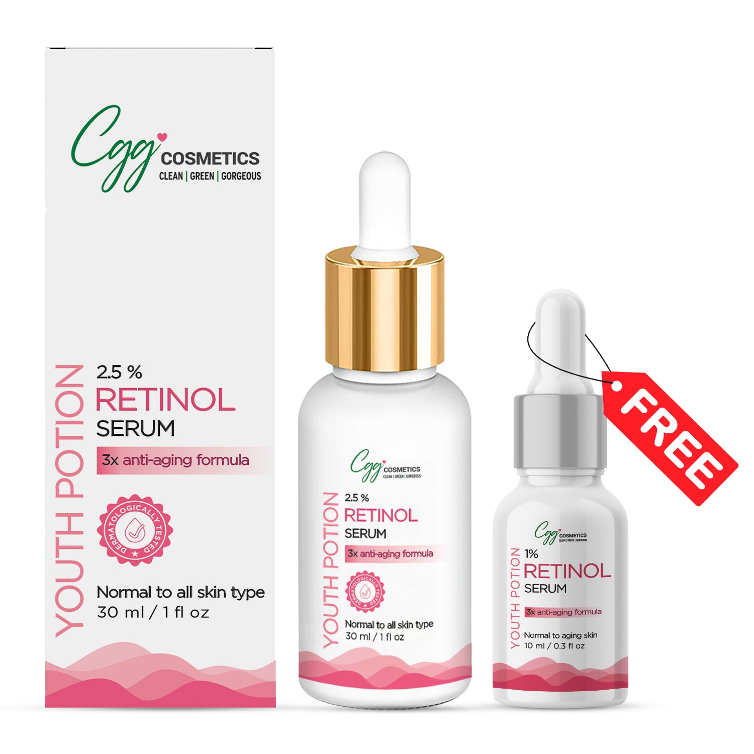 CGG Cosmetics Retinol 2.5% Facial Serum 30ml & Free 10ml Sample of 1% Retinol Serum