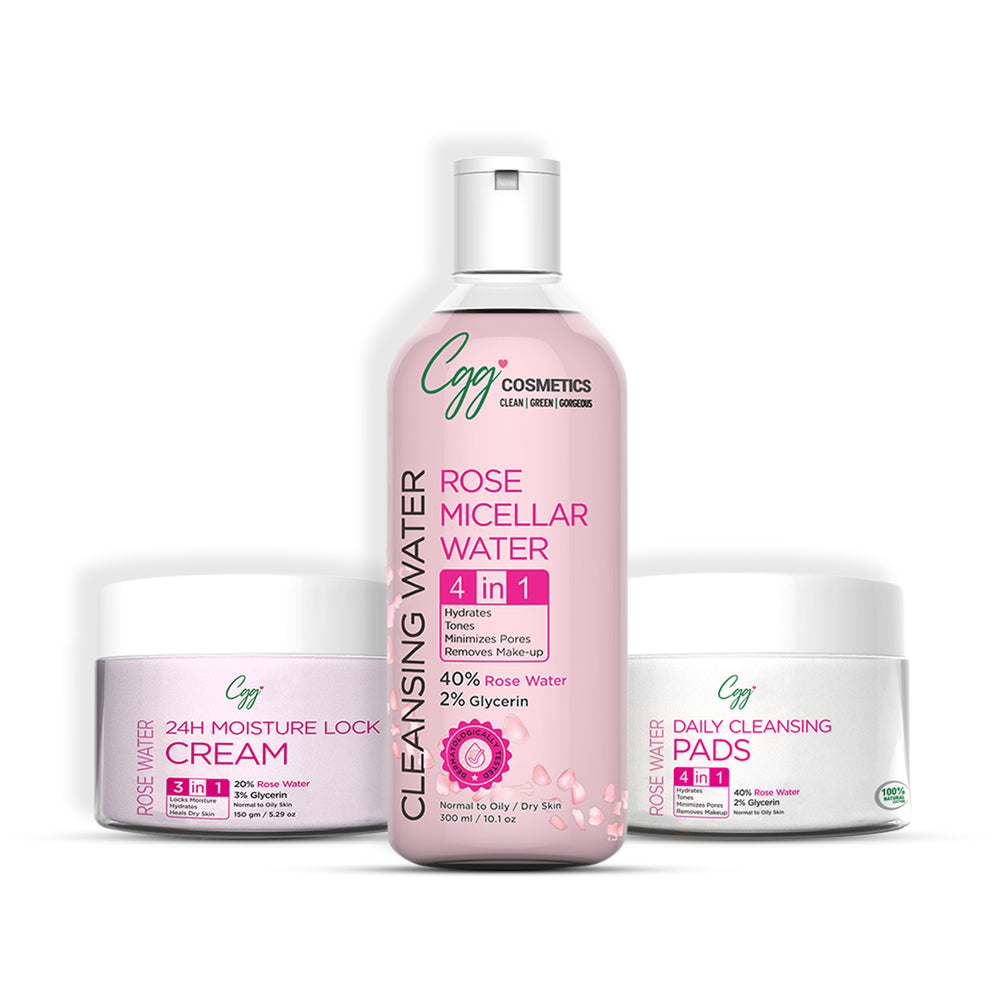 CGG Cosmetics Rose Water Kit | Rose Water Cream | Rose Micellar Water | Rose Water Daily Cleansing Pads
