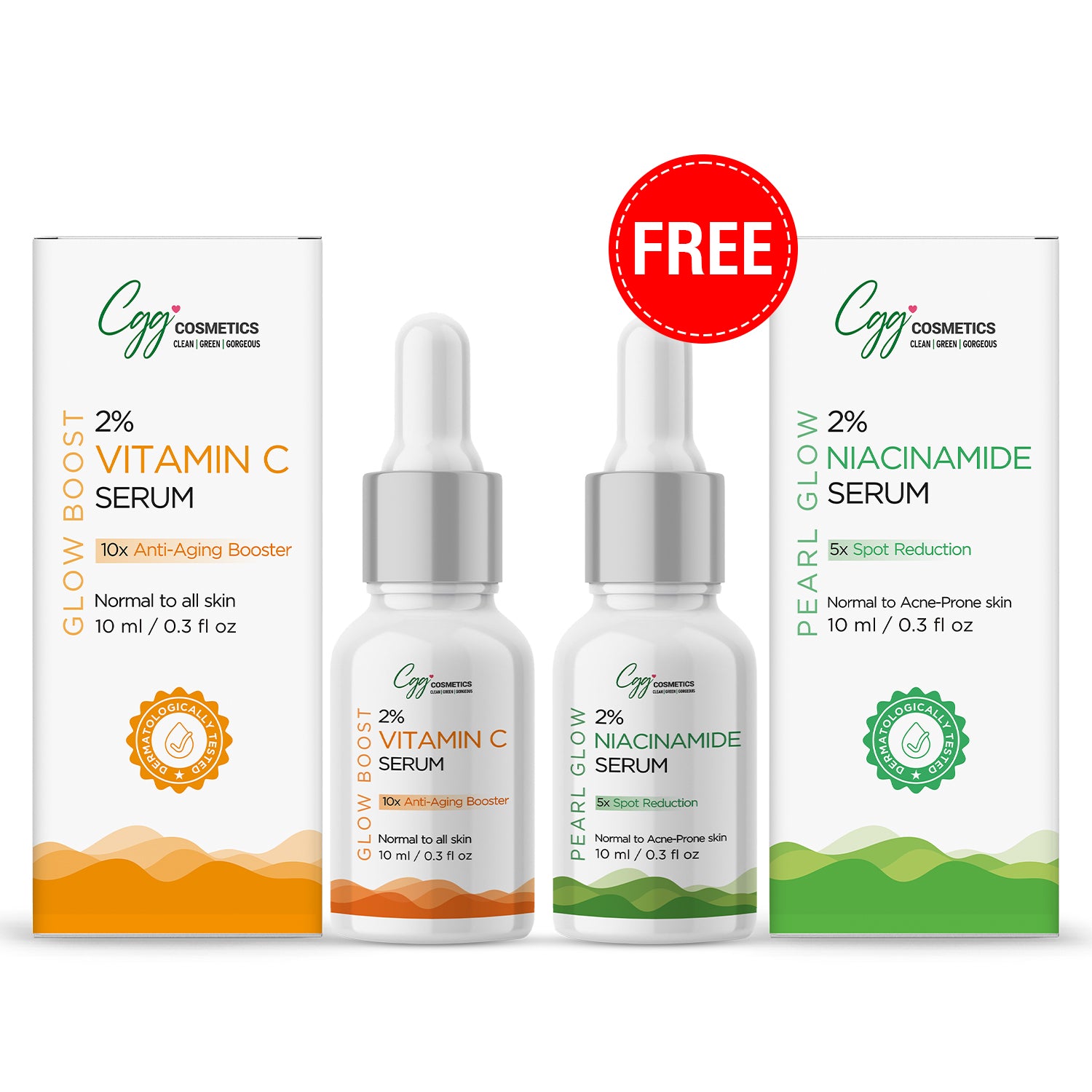 CGG Cosmetics Am/Pm Anti-Aging Booster Combo - 2% Vitamin C 10ml Serum + FREE 10ml  2% Niacinamide Face Serum for dull pigmented-spoted skin