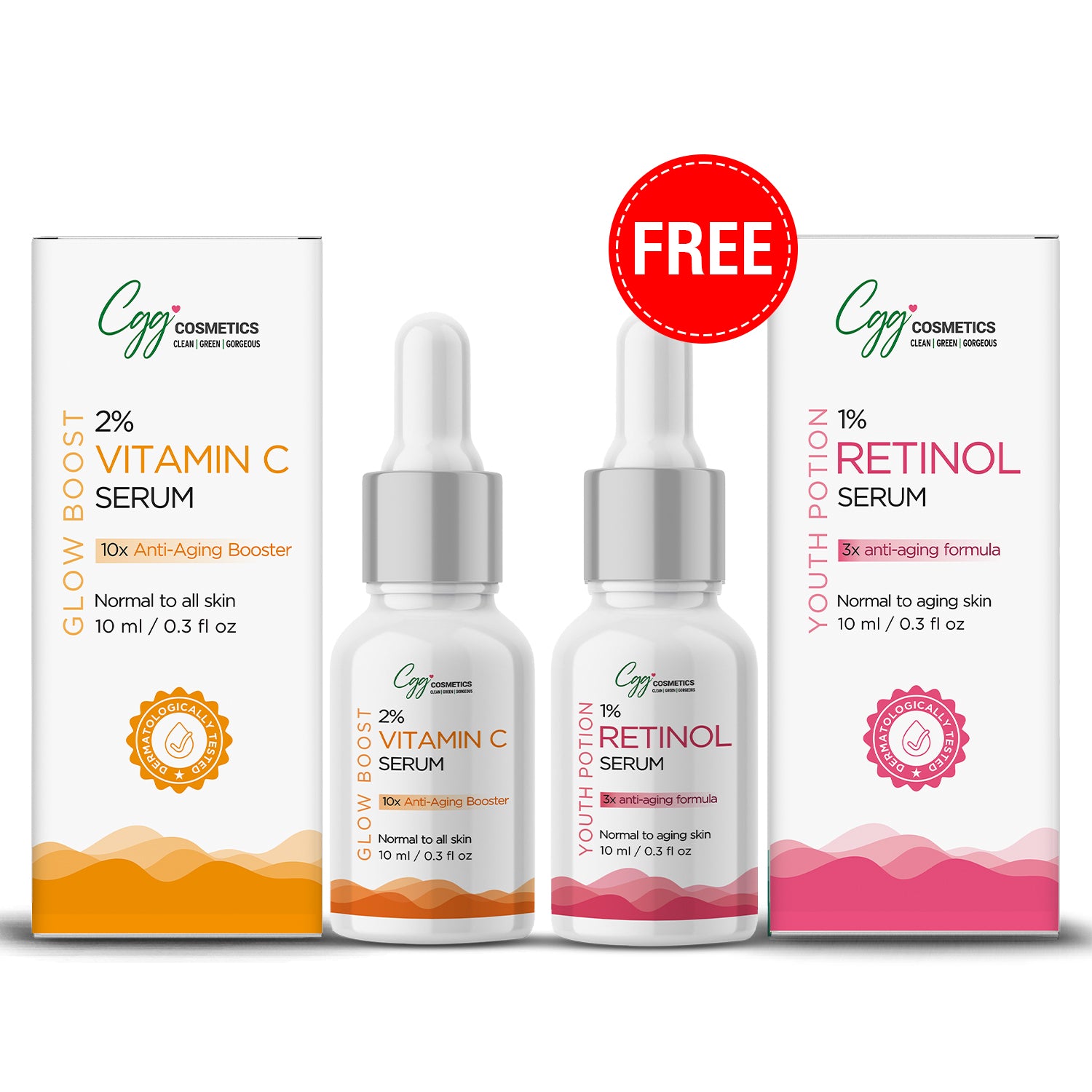 CGG Cosmetics Am/Pm Anti-Aging Combo - 2% Vitamin C 10ml Serum + FREE 10ml  2% Retinol Face Serum for dull pigmented-aging skin