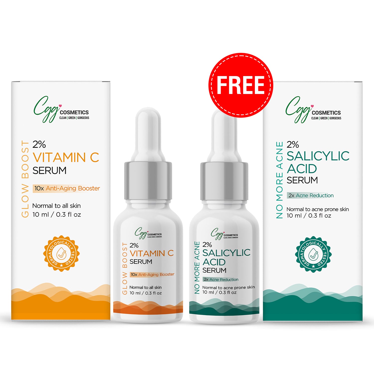 CGG Cosmetics Am/Pm Anti-Pigmentation Combo - 2% Vitamin C 10ml Serum + FREE 10ml  2% Salicylic Acid Face Serum for dull pigmented-acne prone skin