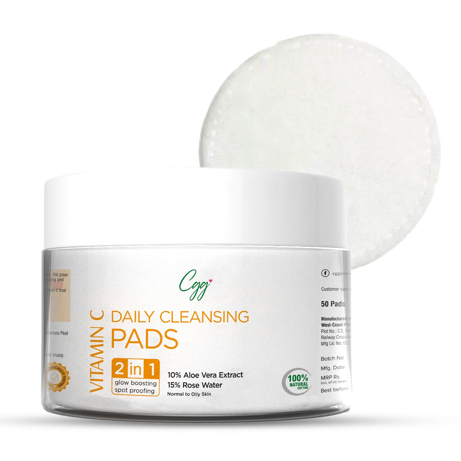 CGG Cosmetics Vitamin C Daily Cleansing Pads | 2 in 1 for Glow Boosting & Spot Proofing - 50pads