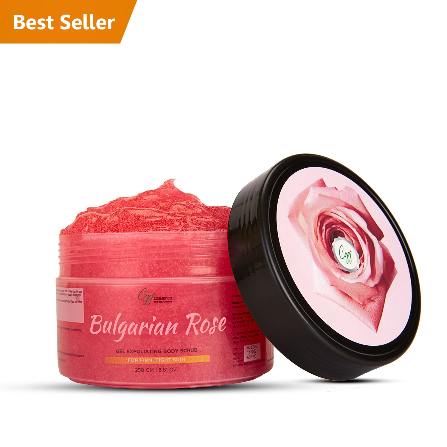 CGG Cosmetics Bulgarian Rose Gel Exfoliating Body Scrub - Firm, Tight Skin & 100% Natural Rose Water - 250gm